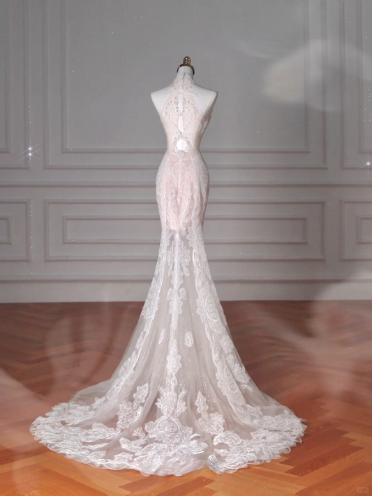 Dreamy Mermaid Halter Tulle Lace With Veil Long Wedding Dresses