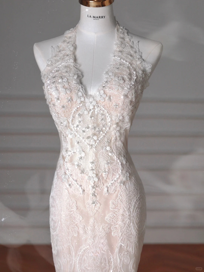 Dreamy Mermaid Halter Tulle Lace With Veil Long Wedding Dresses
