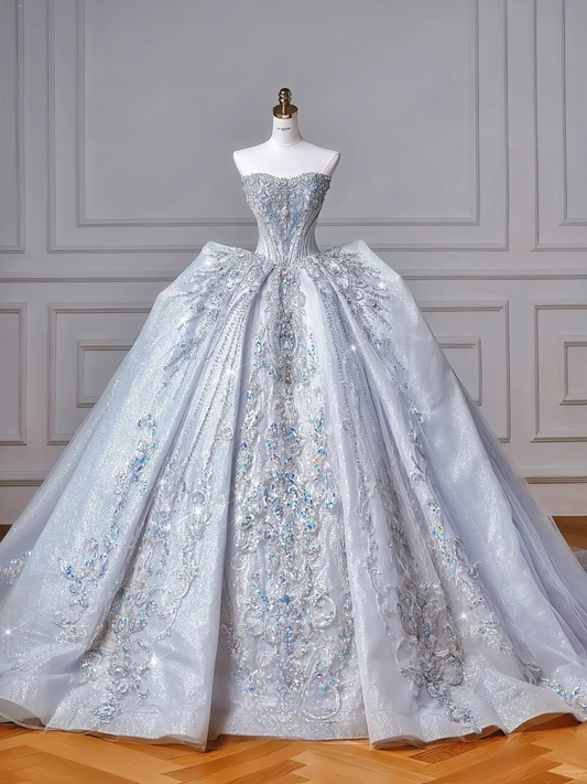 Timeless Ball Gown Strapless Tulle Sequin Beads Long Wedding Dresses