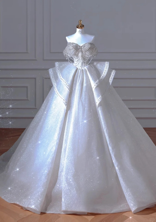 Stunning Ball Gown Strapless Satin Sequin Beads Long Wedding Dresses