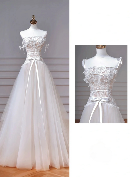 Pretty A Line Spaghetti Straps Tulle Lace Applique Long Wedding Dresses