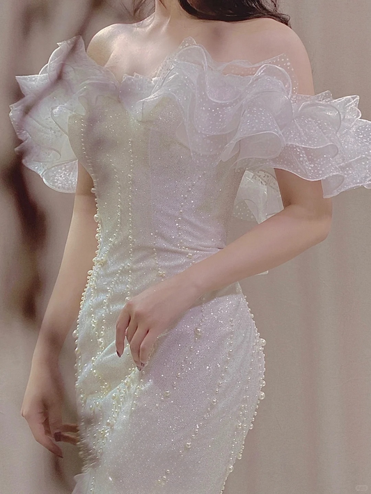 Stunning Mermaid Off The Shoulder Satin Sequin Beads Long Wedding Dresses