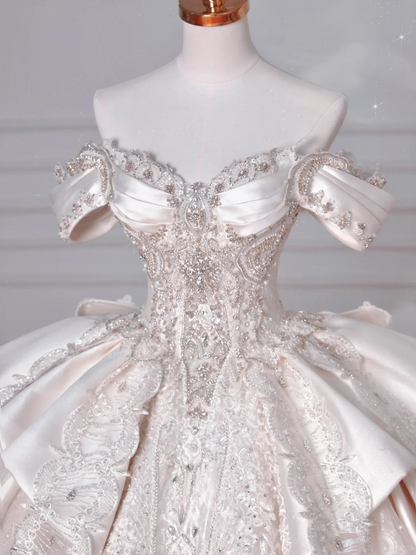 Timeless Ball Gown Off The Shoulder Satin Tulle Lace Sequin Beads Long Wedding Dresses