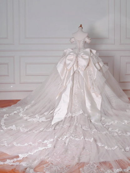 Timeless Ball Gown Off The Shoulder Satin Tulle Lace Sequin Beads Long Wedding Dresses