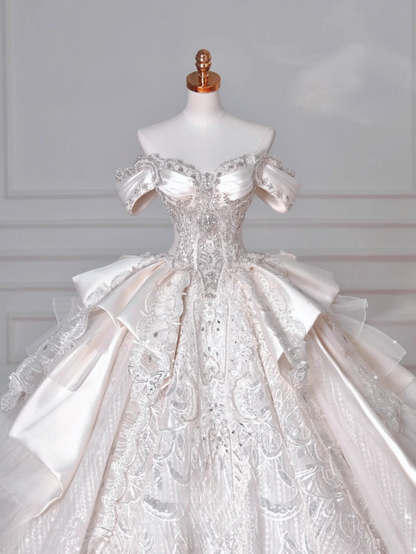 Timeless Ball Gown Off The Shoulder Satin Tulle Lace Sequin Beads Long Wedding Dresses