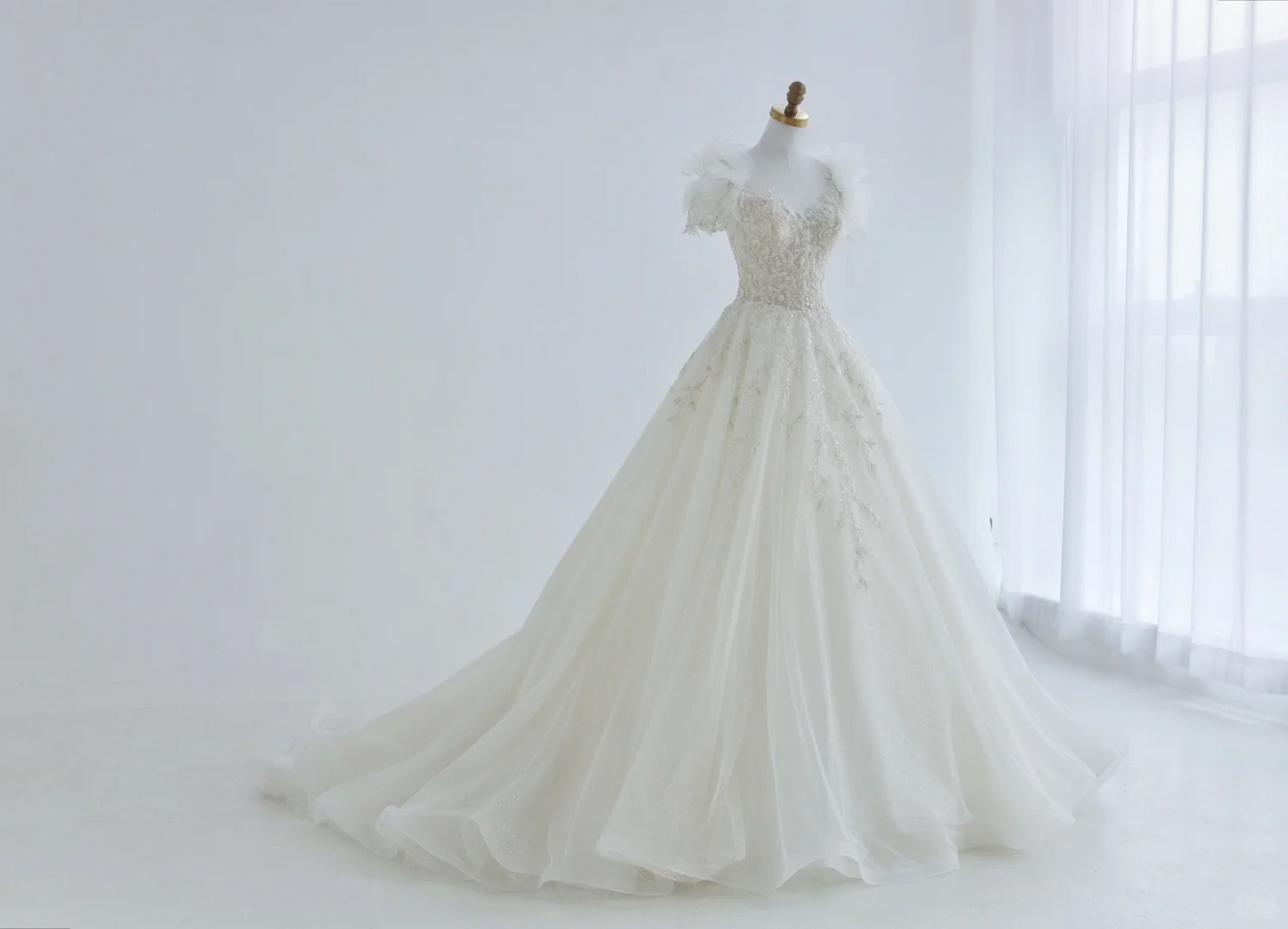 Unique A Line Tulle Sequin Beads Applique Short Sleeves Long Wedding Dresses