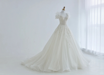Unique A Line Tulle Sequin Beads Applique Short Sleeves Long Wedding Dresses