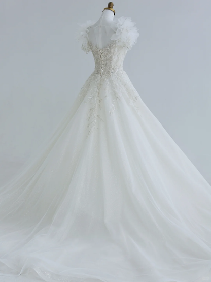 Unique A Line Tulle Sequin Beads Applique Short Sleeves Long Wedding Dresses
