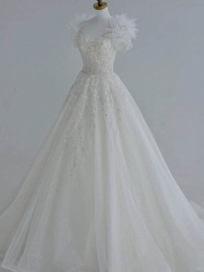 Unique A Line Tulle Sequin Beads Applique Short Sleeves Long Wedding Dresses