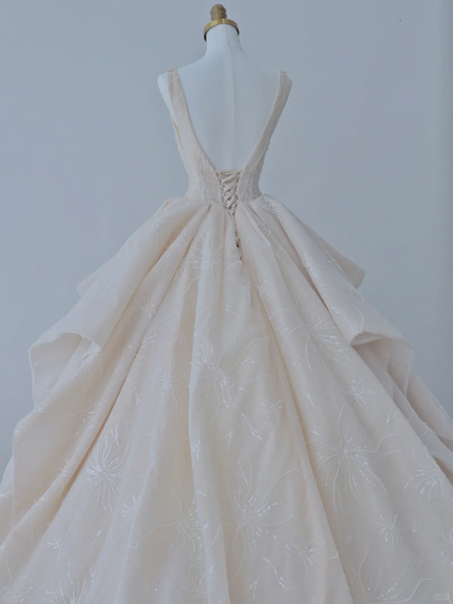 Elegant Ball Gown Satin Sequin Backless Long Wedding Dresses