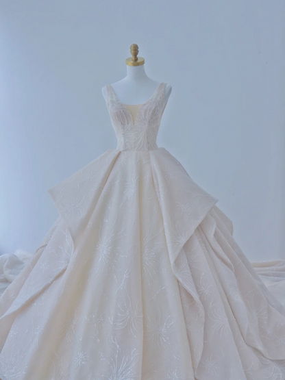 Elegant Ball Gown Satin Sequin Backless Long Wedding Dresses