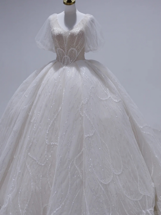 Classy Ball Gown V Neck Tulle Sequin Short Sleeves Long Wedding Dresses