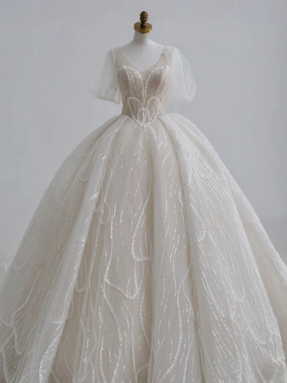 Classy Ball Gown V Neck Tulle Sequin Short Sleeves Long Wedding Dresses