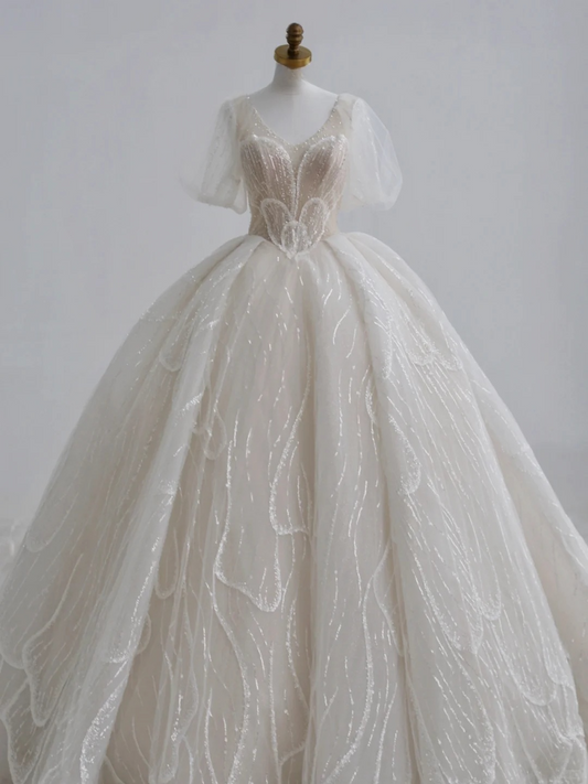 Classy Ball Gown V Neck Tulle Sequin Short Sleeves Long Wedding Dresses
