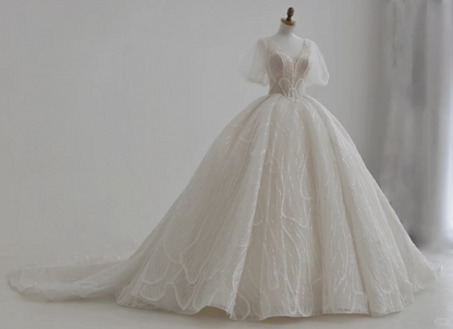 Classy Ball Gown V Neck Tulle Sequin Short Sleeves Long Wedding Dresses