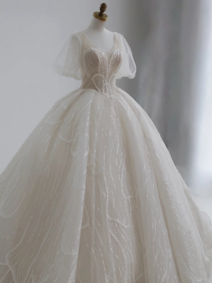 Classy Ball Gown V Neck Tulle Sequin Short Sleeves Long Wedding Dresses