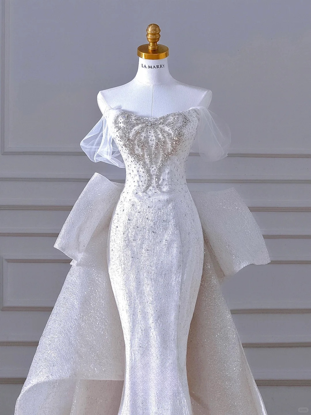 Glitter Mermaid Off The Shoulder Satin Sequin Beads Back With Bow Long Wedding Dresses
