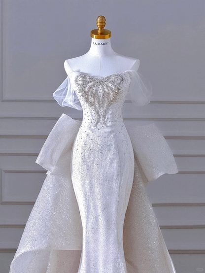Glitter Mermaid Off The Shoulder Satin Sequin Beads Back With Bow Long Wedding Dresses