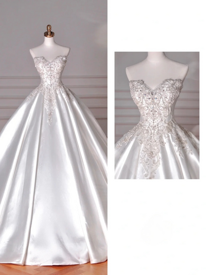 Dreamy Ball Gown Strapless Satin Sequin Beads Long Wedding Dresses