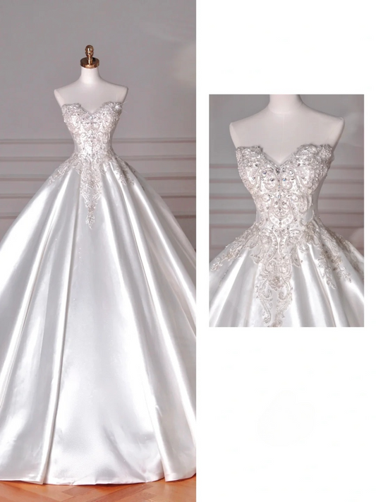 Dreamy Ball Gown Strapless Satin Sequin Beads Long Wedding Dresses