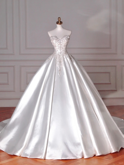 Dreamy Ball Gown Strapless Satin Sequin Beads Long Wedding Dresses
