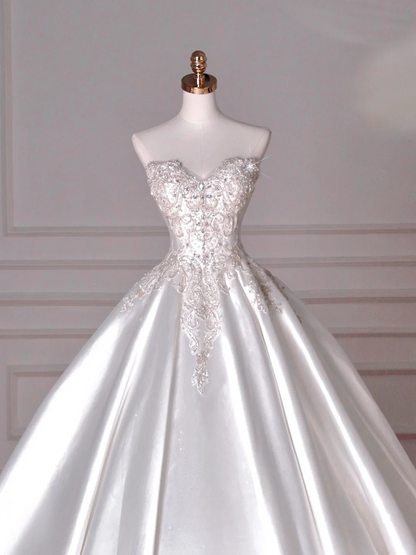 Dreamy Ball Gown Strapless Satin Sequin Beads Long Wedding Dresses