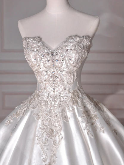 Dreamy Ball Gown Strapless Satin Sequin Beads Long Wedding Dresses