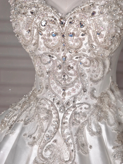 Dreamy Ball Gown Strapless Satin Sequin Beads Long Wedding Dresses