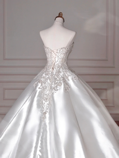 Dreamy Ball Gown Strapless Satin Sequin Beads Long Wedding Dresses