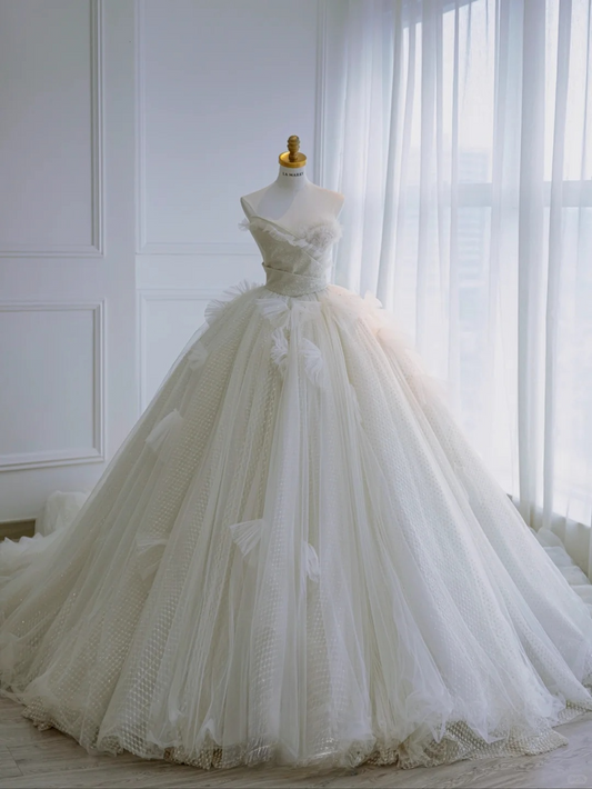 Elegant Ball Gown Strapless Tulle Sequin Long Wedding Dresses