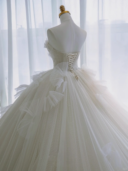 Elegant Ball Gown Strapless Tulle Sequin Long Wedding Dresses