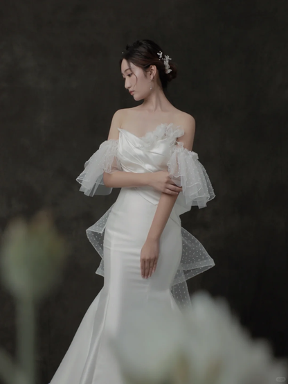 Pretty Mermaid Off The Shoulder Satin Tulle Long Wedding Dresses