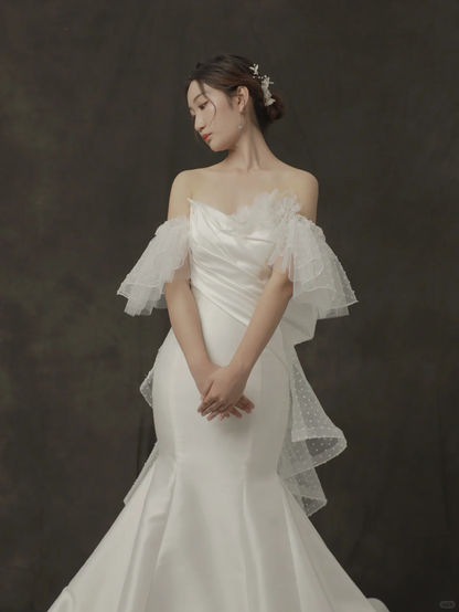 Pretty Mermaid Off The Shoulder Satin Tulle Long Wedding Dresses
