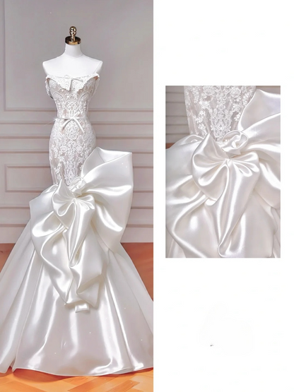 Stunning Mermaid Strapless Satin Lace Long Wedding Dresses