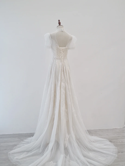 Princess A Line Tulle Sequin Blackless Short Sleeves Long Wedding Dresses