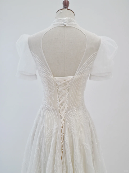 Princess A Line Tulle Sequin Blackless Short Sleeves Long Wedding Dresses