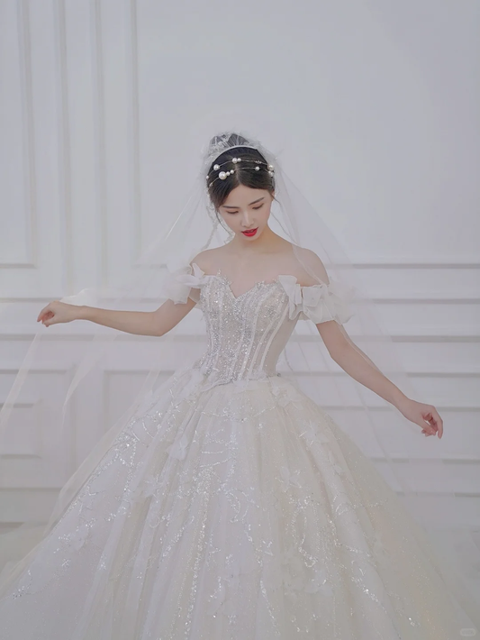 Pretty Ball Gown Off The Shoulder Tulle Sequin With Veil Long Wedding Dresses