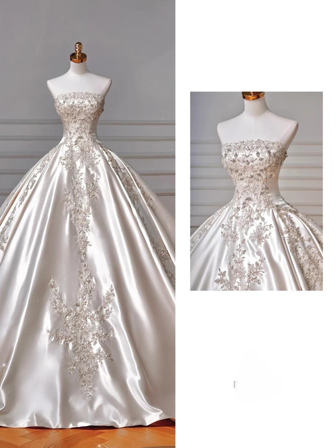Gorgeous Ball Gown Strapless Satin Sequin Beads Long Wedding Dresses