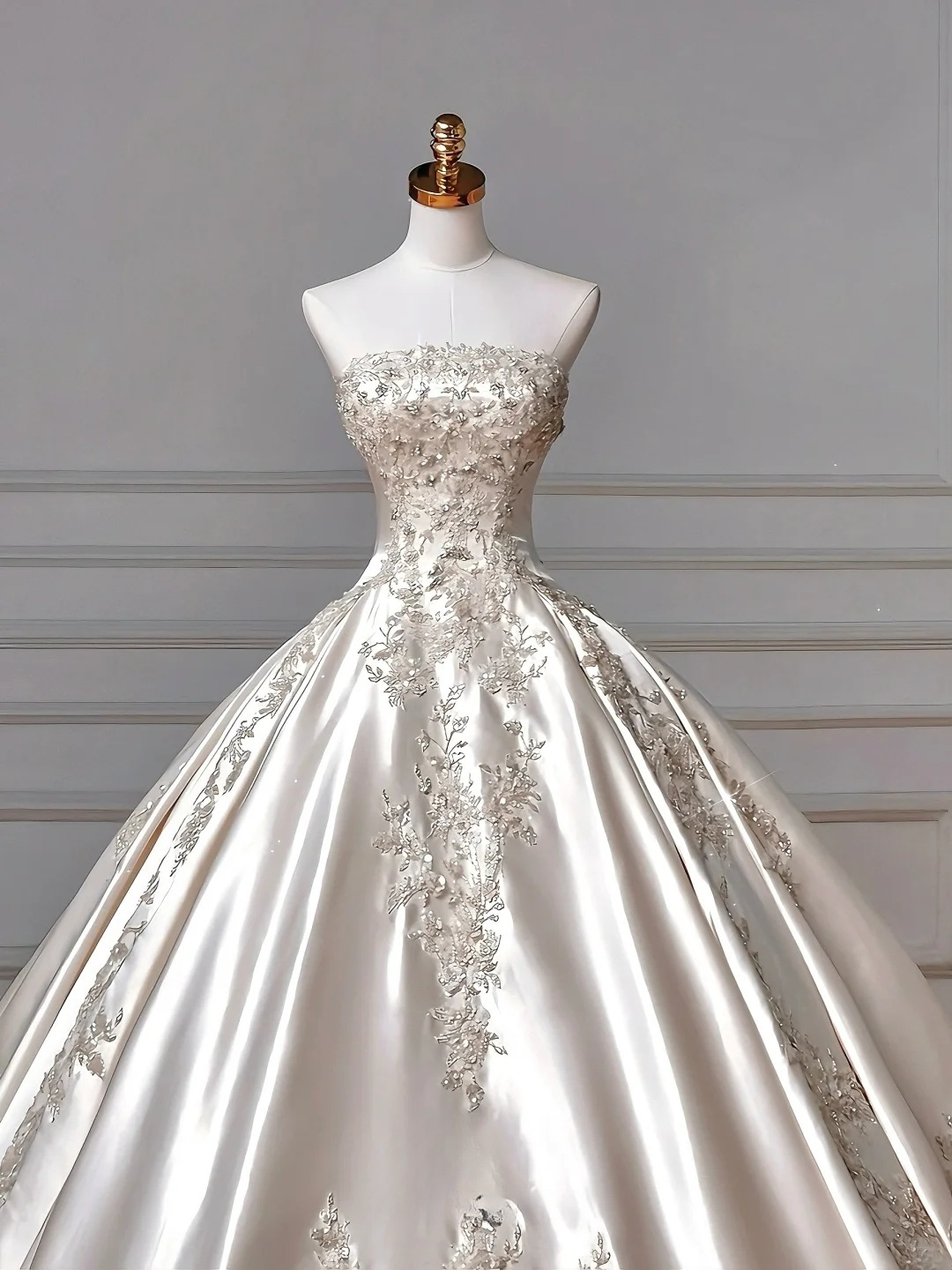 Gorgeous Ball Gown Strapless Satin Sequin Beads Long Wedding Dresses