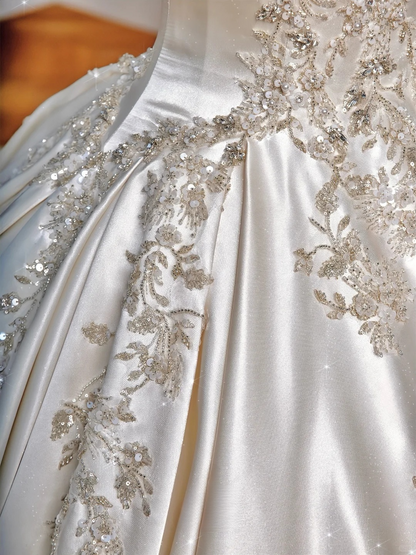 Gorgeous Ball Gown Strapless Satin Sequin Beads Long Wedding Dresses