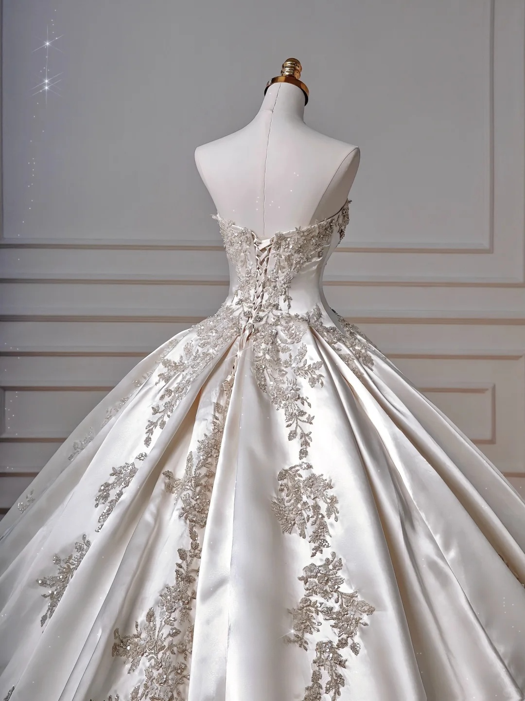 Gorgeous Ball Gown Strapless Satin Sequin Beads Long Wedding Dresses