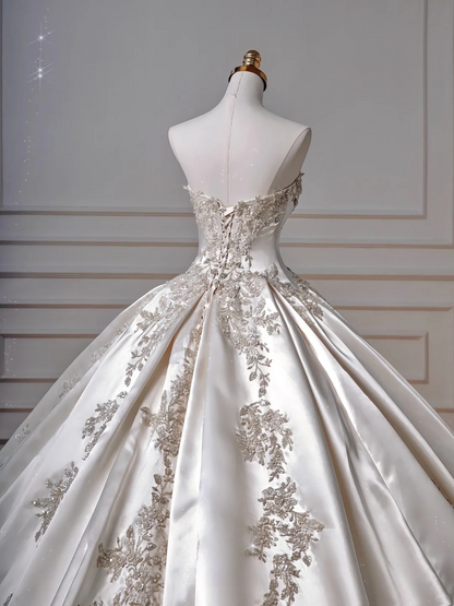 Gorgeous Ball Gown Strapless Satin Sequin Beads Long Wedding Dresses
