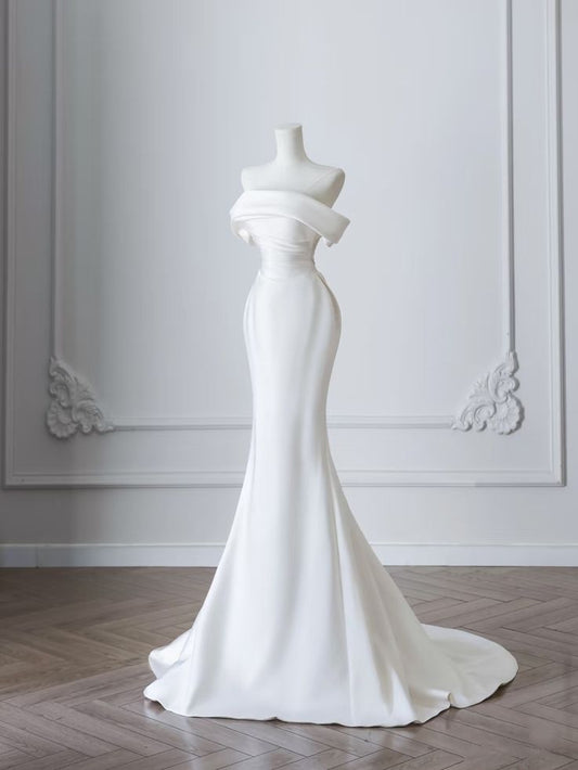 White Elegant Mermaid Off The Shoulder Satin Long Wedding Dresses