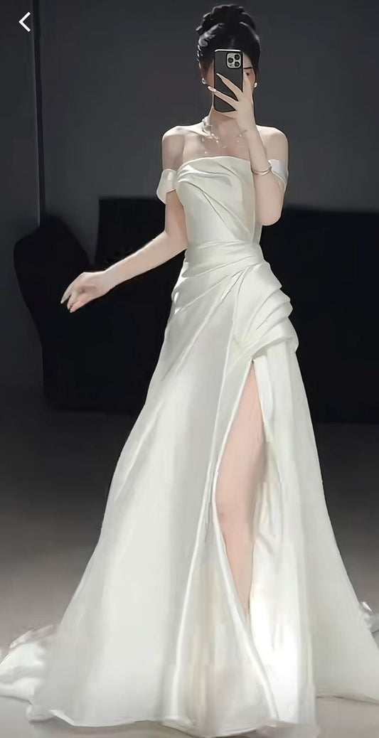 Elegant A Line Off The Shoulder Satin Slit Pleated Long Wedding Dresses
