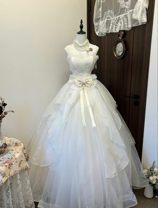 Vintage Ball Gown Strapless Satinn Tulle Bow Long Wedding Dresses