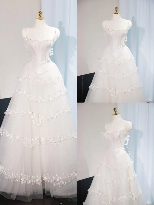 Princess A Line Spaghetti Straps White Satin Tulle Applique Long Wedding Dresses
