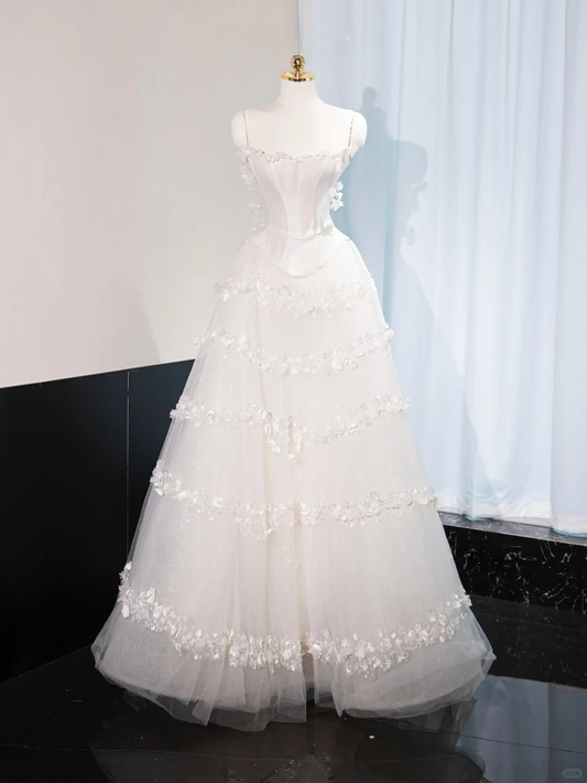 Princess A Line Spaghetti Straps White Satin Tulle Applique Long Wedding Dresses