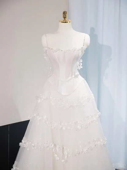Princess A Line Spaghetti Straps White Satin Tulle Applique Long Wedding Dresses