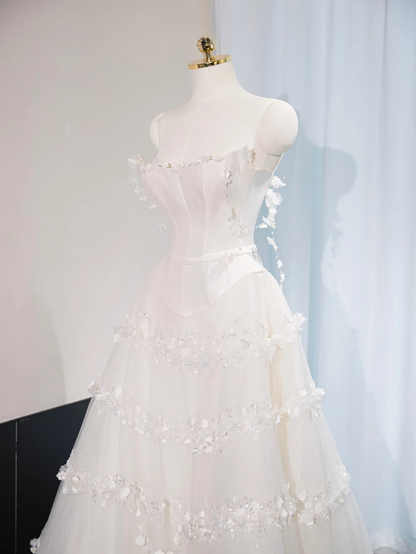 Princess A Line Spaghetti Straps White Satin Tulle Applique Long Wedding Dresses