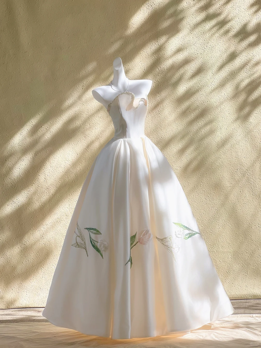 Elegant A Line Strapless Satin Sequin Flower Long Wedding Dresses